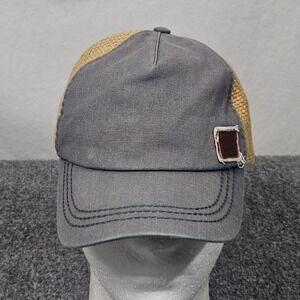 Roxy Trucker Hat Womens Gray Tan Linen Straw Coastal Surf Beach Resort Boho Chic